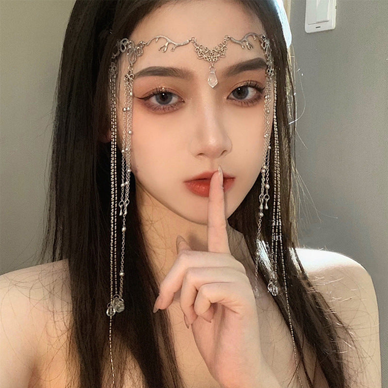 Head Veil Forehead Accessory Fashionable Waterdrop-Shaped Long Tassel Hair Clip