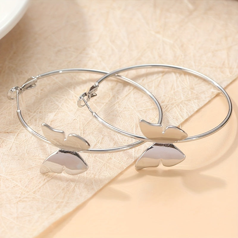 Fashionable Large Hoop Earrings With Butterfly Design Silver Color For Women
